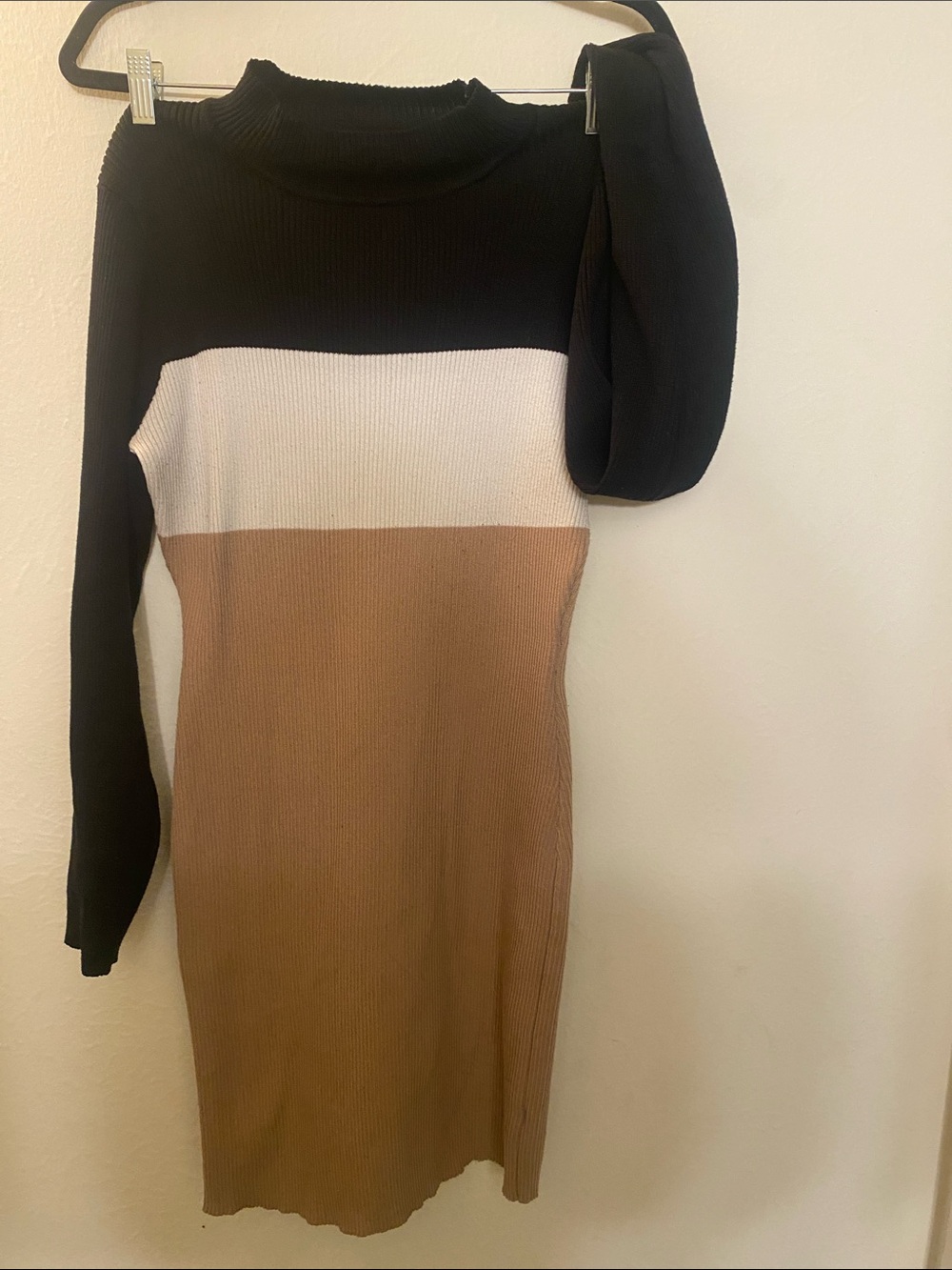 Charlotte Russe Black White Tan Off-Shoulder Ribbed Sweater Dress
